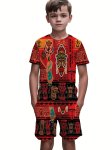 Boy's 2-PIECE Casual Co Ord Set Retro Tribal Pattern Short Sleeve Tee And Shorts Suitable For Summer Daily And Holiday