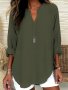 Solid Color Notched Neck Blouse Casual Long Sleeve Curved Hem Top For Spring & Fall Women's Clothing