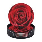 6 Pcs Leather Coasters For Drinks With Holder Blooming Red Roses Coaster Sets Drink Table Cup Coasters For Kitchen Coffee Decor