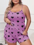 Plus Size Casual Pajama Set Women's Plus Heart & Dot Print Cami Top & Shorts Pajama Two Piece Set