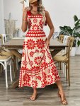 Ethnic Print Tie Shoulder Dress Vacation Style Sleeveless A-line Maxi Dress For Spring & Summer Women's Clothing