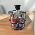 6 Piece Glass Countertop Spice Organizer Jars And Rotating Holder Set