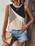 Color Block Crew Neck Tank Top Sleeveless Casual Top For Summer & Spring Women's Clothing