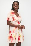 Puff Sleeve MINI Fit & Fllare Dress - Pink & Red Painted Tulips Aop