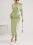 Tucked Shoulder Bodycon Ankle Length Dress Elegant Solid Color Long Sleeve Slim Fit Dress For Spring & Fall Women's Clothing
