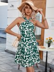 Floral Print Halter Neck Dress Elegant Twist Backless Sleeveless Dress For Summer Women's Clothing