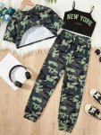 Girl's Camouflage Outfit Crop Tee Top + Camisole + Cargo Pants Set Holiday Casual Girls Summer Clothes