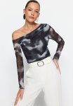 Tulle Lined Asymmetrical Collar Blouse - Anthracite