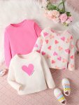 3PCS Girls Sweet Long Sleeve T-Shirt Set Solid Heart Pattern Long Sleeve Tees For Spring Fall Gift