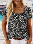 Plus Size Floral Print Ruched T-Shirt Casual Short Sleeve Top For Spring & Summer Women's Plus Size Clothing