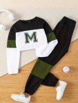 2PCS Girls Splicing M Letter Graphic Outfits Cropped Long Sleeve Top + Jogger Pants Set For Spring Fall Gift Sports