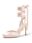 Coutgo Womens Ballet High Heels Satin Closed Square Toe Ballerina Heels Lace Up Bow Pumps Prom Shoes Nude Pink Size 9