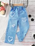 Girls Stylish & Casual Allover Imitation Denim Print Wide Leg Pants For Spring & Fall