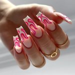 24PCS Long Coffin White Flame Press-on Nails Set With 1 Nail File & 1 Adhesive Sticker Kit - Full Cover Fake Nail Art Set