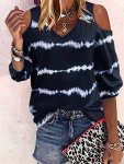 Irregular Stripe Print V Neck T-Shirt Casual Cold Shoulder Half Sleeve Top For Spring & Summer Women's Clothing