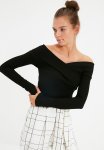Black Slim Carmen Collar Ribbed Bodysuit Snap Fasteners