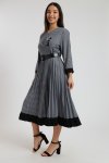 Alaina Midaxi Houndstooth Long Sleeve Pleated Dress With Rouche Design & Belt