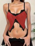Contrast Lace Butterfly Pattern Cami Top Sexy Sleeveless Spaghetti Strap Backless V-neck Slim Top Women's Clothing