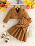 2PCS Baby's Trendy Solid Color Blazer + Belted Sundress Toddler & Infant Girl's Clothing Set For Spring Fall