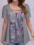 Plus Size Floral Print Cutout Top Casual Short Sleeve Top For Spring & Summer Women's Plus Size Clothing