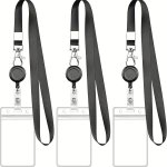Black Retractable Badge Reel Set With Lobster Clasp And Waterproof Pvc Card Holder Durable Nylon Lanyard Comfortable Fabric For