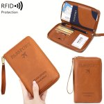 Solid Color Rfid Portable Passport Holder Multi Functional Airplane Ticket Clip Travel Credit Card Wallet With Zipper And Wrist