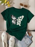 Butterfly & Floral Print Crew Neck T-Shirt Casual Short Sleeve Top For Spring & Summer Women's Clothing