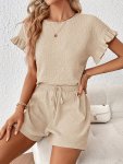 Solid Color Summer Casual Two-piece Set Ruffle Crew Neck Short Sleeve Top & Shorts Outfits Women's Clothing