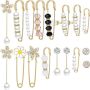 Pearl Brooches Faux Pearl Rhinestone Collar Safety Pins - 17 Piece