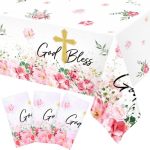 Ganeen 3 Pcs God Bless Baptism Tablecloth First Holy Communion Table Cloth Pink Disposable Plastic Religious Table Cover Waterpr