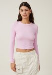 Cotton On Staple Rib Crew Neck Long Sleeve Top - Pink