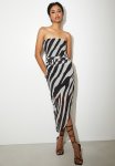 Asym Hem Mesh Bodycon Dress - Ecru Zebra