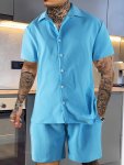 Men's 2PCS Casual Co Ord Set Of Coconut Tree Pattern Outfits Short Sleeve Button Up Lapel Shirt And Shorts With Drawstring And P
