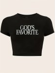 God Favorite Print T-Shirt Y2K Crew Neck Short Sleeve Crop Tee For Spring & Summer Women's Clothing