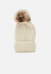 Rib Knit Beanie With Large Faux Fur Pom - Cream