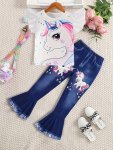Girls Stylish & Trendy Outfit 2PCS SET Ruffle Trim Cartoon Unicorn Graphic Print Tee & Imitation Denim Print Flared Pants For Su