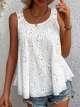 Eyelet Embroidered Crew Neck Tank Top Casual Sleeveless Top For Spring & Summer Women's Clothing