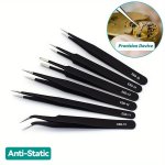 6PCS Esd Anti-static Stainless Steel Tweezers - Precision Maintenance & Industrial Repair Curved Tools For Home Working & Model