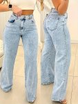 Plain Washed Blue High Rise Casual Loose Fit Versatile Women's Jeans Zipper Button Closure Denim Pants For Fall