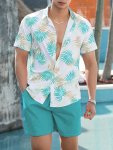 Men's Outfit Casual Leaves Graphic Print Lapel Short Sleeve Button Up Shirt & Shorts 2-PIECE Set For Summer Outdoor Activities