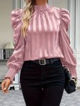 Solid Color Mock Neck Blouse Elegant Puff Sleeve Top For Spring & Fall Women's Clothing