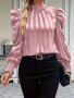 Solid Color Mock Neck Blouse Elegant Puff Sleeve Top For Spring & Fall Women's Clothing