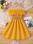 Elegant Girls Solid Ruffle Trim Belted Dress Casual Dresses For Summer Party Gift Holiday