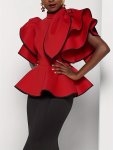 Ruffle Trim Mock Neck Blouse Elegant Short Sleeve Contrast Trim Blouse For Spring & Summer Women's Clothing