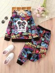 Trendy Girls Graffiti Print Two-piece Set Portrait Graphic Print Hooded Top & Jogger Pants Spring Fall Sports Clothes