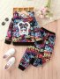 Trendy Girls Graffiti Print Two-piece Set Portrait Graphic Print Hooded Top & Jogger Pants Spring/ Fall Sports Clothes