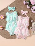 2 Sets Baby's Cartoon Bunny Pattern Triangle Bodysuit Pom-pom Trim Casual Sleeveless Romper Toddler & Infant Girl's Onesie For S
