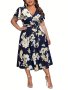 Plus Size Casual Dress Women's Plus Floral Print Short Sleeve Surplice Neck Medium Stretch Midi Dress With Belt