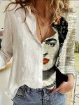 Figure Print Button Front Shirt Casual Patchwork Print Long Sleeve Shirt For Spring & Fall Women's Clothing
