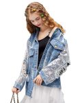 Ebossy Women's Glitter Sequined Sleeve Ripped Hole Destroyed Oversized Denim Jean Jacket XL Blue